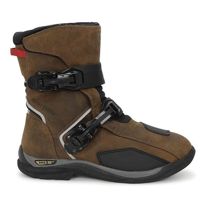 Royal Enfield WANDERER BOOTS | Waterproof Leather | TPR Heel Ankle Toe Protection | Anti-Skid Rubber Sole | Gear Shift Pad | Removable PU Insole | Dual Fastener Clips | Night Reflectors | TAN Size 7