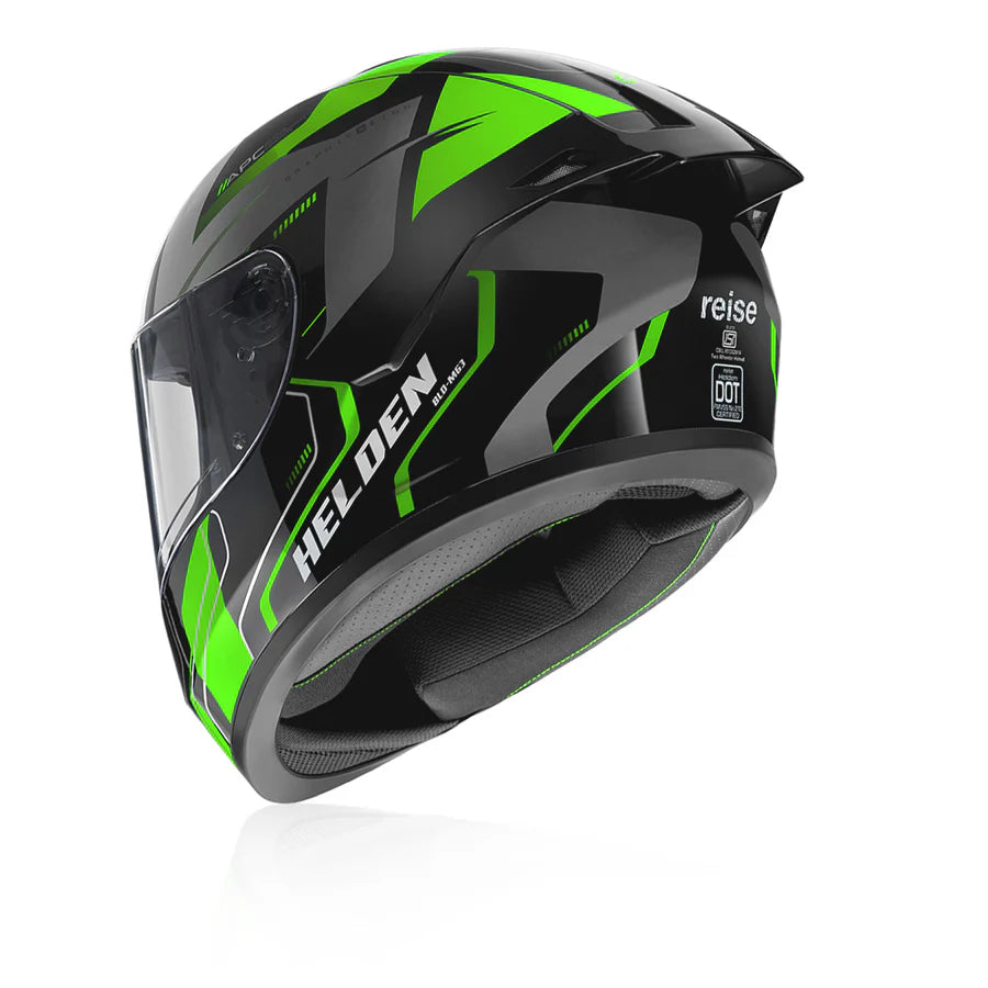 Reise Helden Full Face Riding Helmet | ISI/DOT/ECE Certified | European Design | Bluetooth Ready | Polycarbonate Shell - Green / Black