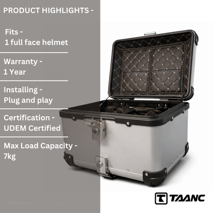 TAANC Urban Arc Top Box – Aero Silver | 45L Aluminium Motorcycle Storage Box with Rounded Design