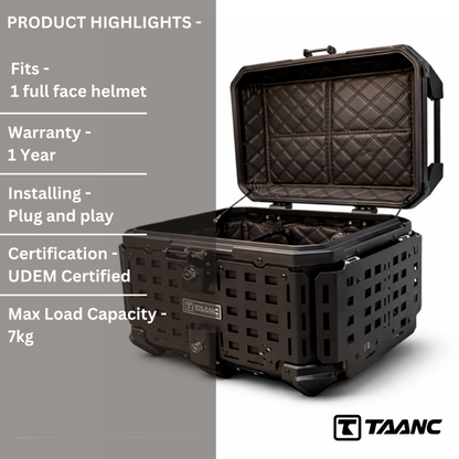 TAANC Nomad Forge Folding Top Box – Stealth Black | 45L Aluminium Adventure WP Motorcycle Storage Box
