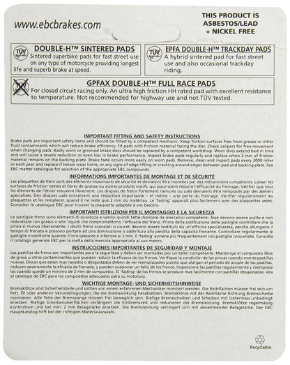 Kawasaki Z900 (2017/21) rear ( Double-H™ Sintered )  brake pads  FA140HH | EBC ( Pack of 1 )