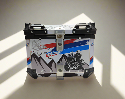 LGP GS TRAVEL 45 litres White (red and blue line) touring top box with graphics premium - 1 YEAR WARRANTY