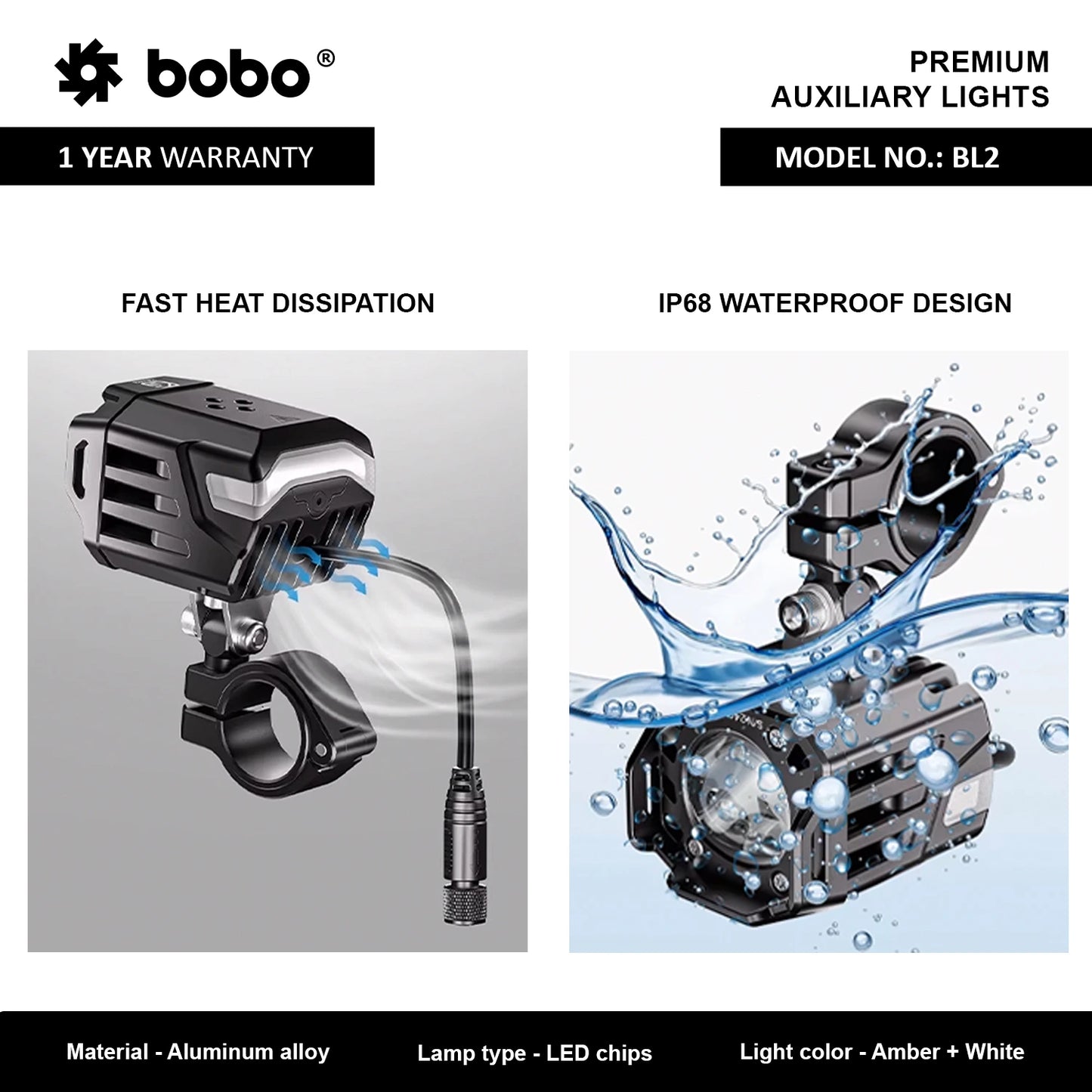 BOBO BL2 Premium Motorcycle Auxiliary Lights, IP68 Waterproof, 9000 Lumens LED, Dual Colour 6000K/3000K, Multiple Beam Modes