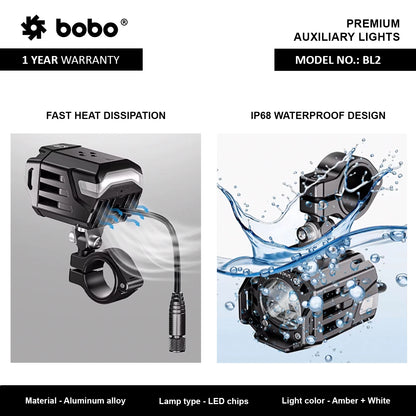BOBO BL2 Premium Motorcycle Auxiliary Lights, IP68 Waterproof, 9000 Lumens LED, Dual Colour 6000K/3000K, Multiple Beam Modes