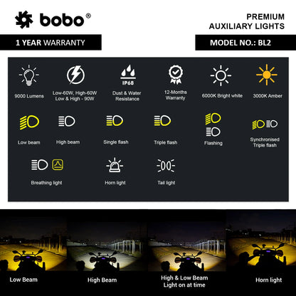 BOBO BL2 Premium Motorcycle Auxiliary Lights, IP68 Waterproof, 9000 Lumens LED, Dual Colour 6000K/3000K, Multiple Beam Modes