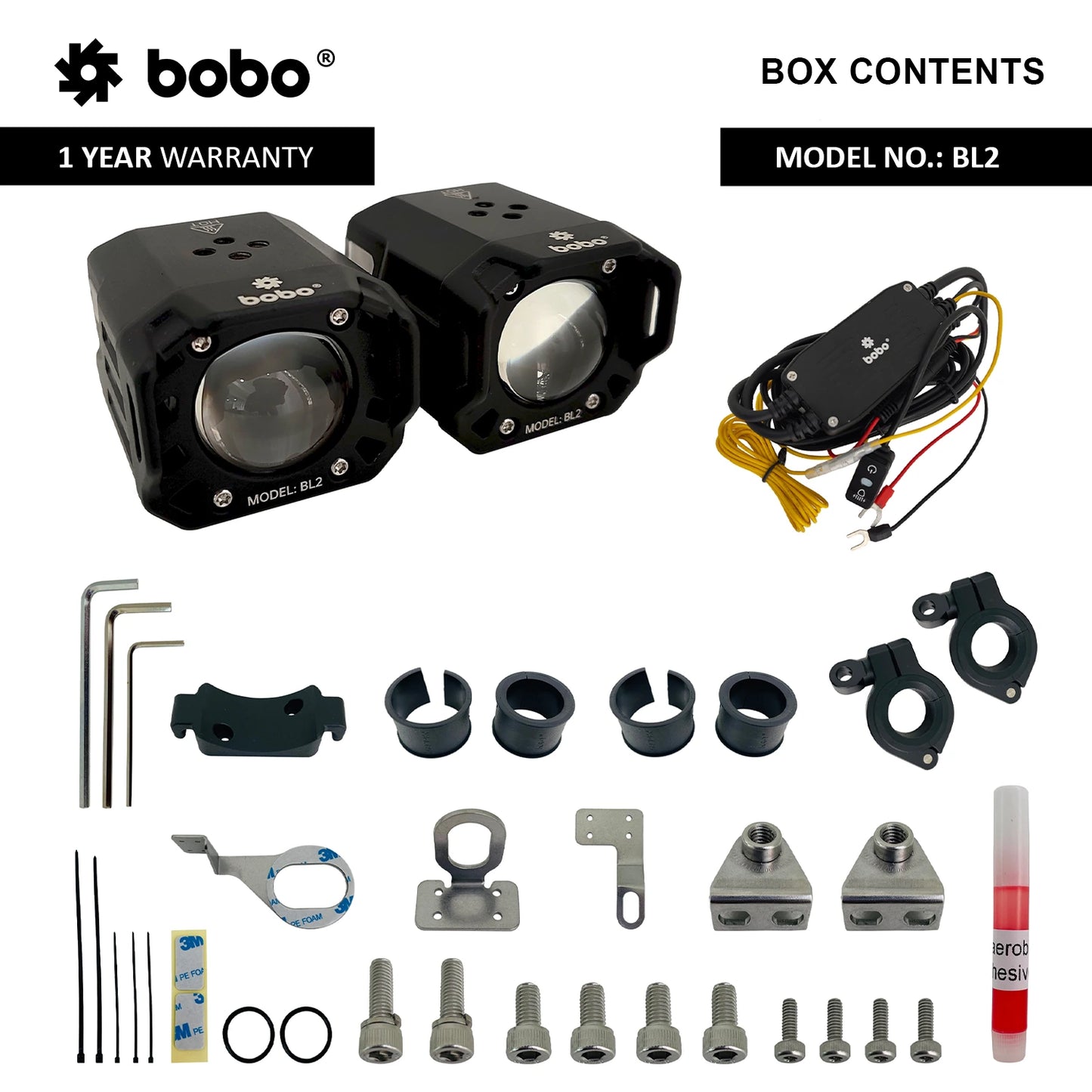 BOBO BL2 Premium Motorcycle Auxiliary Lights, IP68 Waterproof, 9000 Lumens LED, Dual Colour 6000K/3000K, Multiple Beam Modes