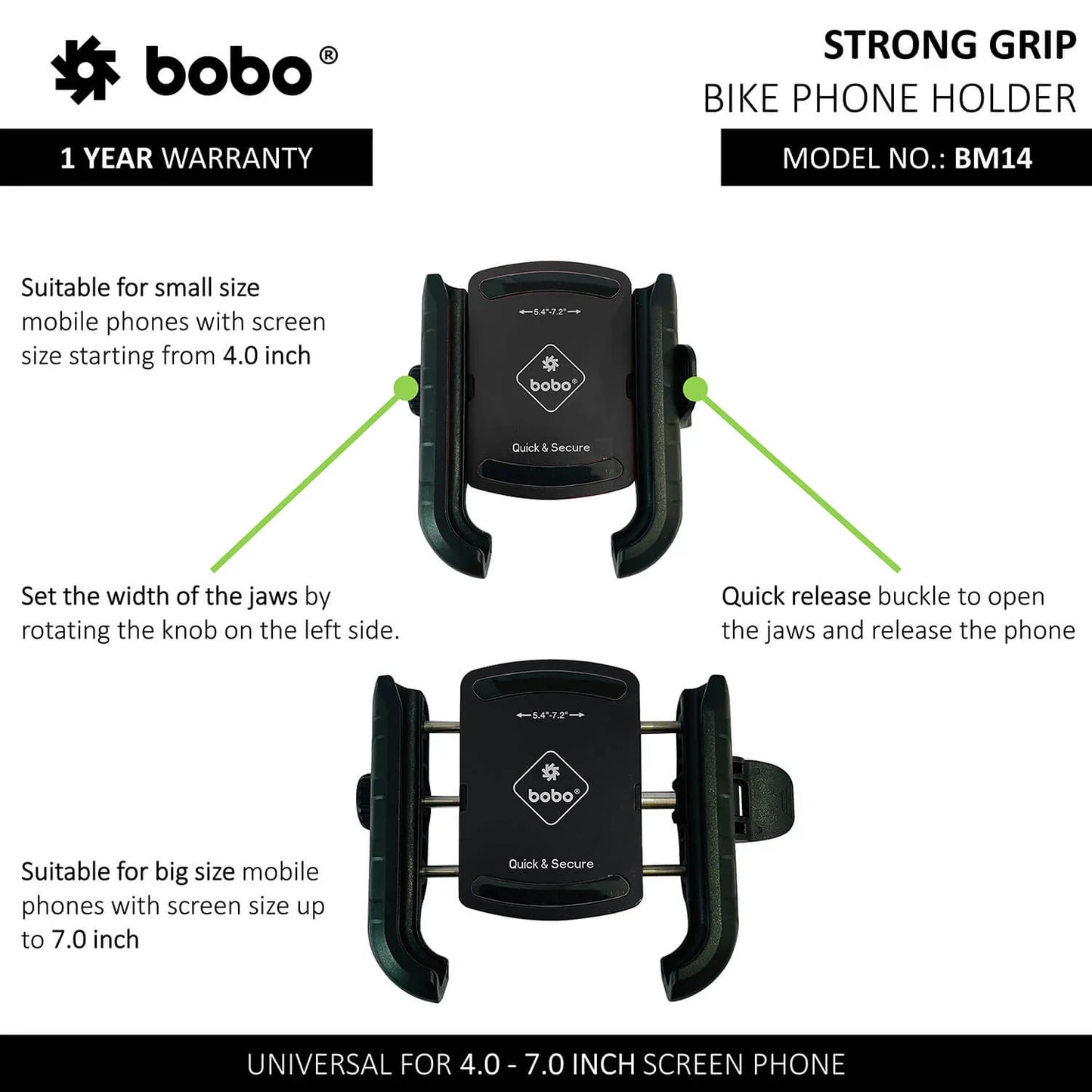 BOBO BM14 Quick Release Enhanced BM4 Waterproof Bike/Motorcycle/Scooter Mobile Phone Holder Mount, Ideal for Maps and GPS Navigation (Black)