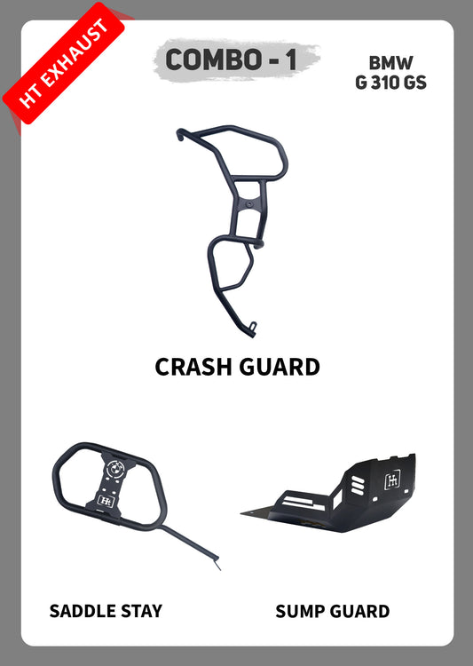 COMBO 1 BMW GS310 CRASH GUARD + SADDLE STAY + SUMP GUARD – HT EXHAUST