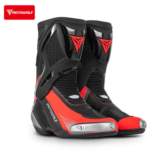 MOTOWOLF BO1 Racing Motorcycle Riding Boots for Unisex | Reinforced Protection, Anti-Slip Sole, All-Weather Riding Boots - BLACK RED