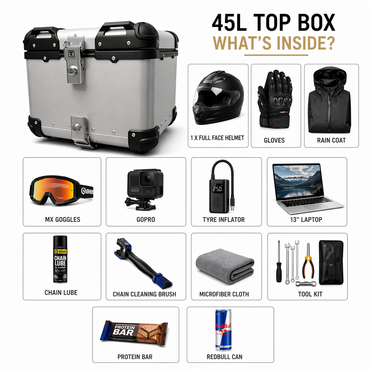TAANC Urban Arc Top Box – Aero Silver | 45L Aluminium Motorcycle Storage Box with Rounded Design