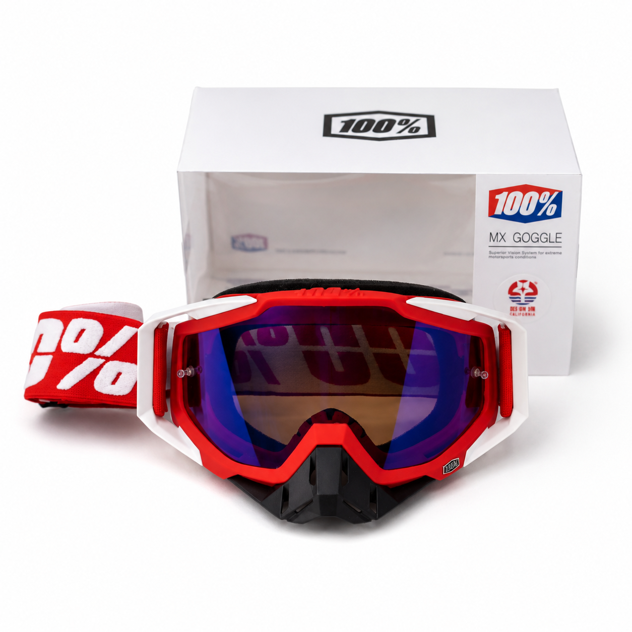 100% | Motocross & mountain biking Goggles | RED WHITE BLUE  TINT - 1 YEAR WARRANTY