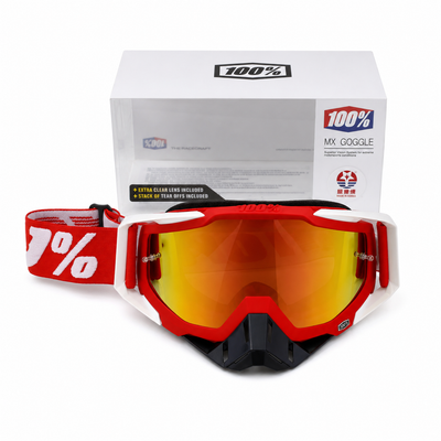 100% The Motocross & Mountain Biking  MX Goggle – Red and white with black nose (gold  tinted) - 1 YEAR WARRANTY