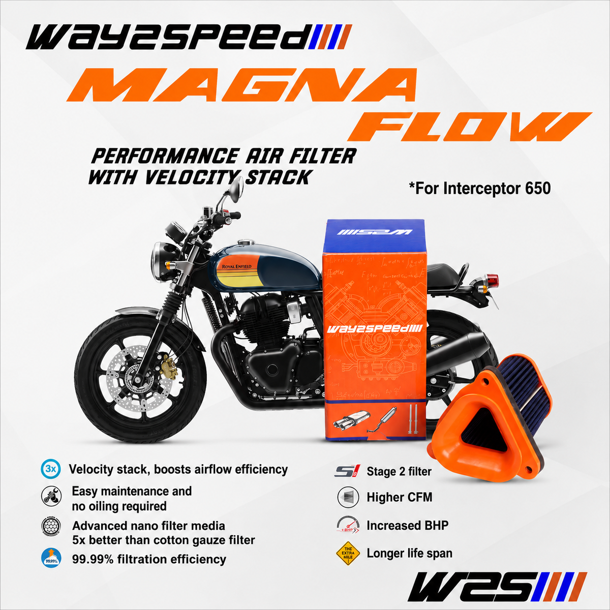 RE Interceptor 650 / Continental GT 650 Way2speed Magna flow nano fiber airfilter with free velocity stack | 73cfm air flow