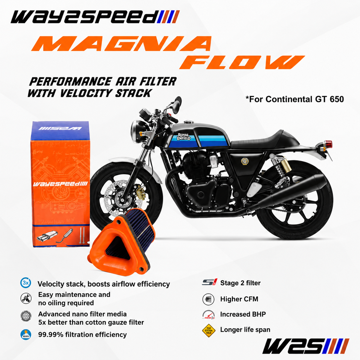 RE Interceptor 650 / Continental GT 650 Way2speed Magna flow nano fiber airfilter with free velocity stack | 73cfm air flow
