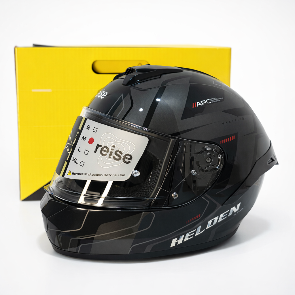 Reise Helden Full Face Riding Helmet | ISI/DOT/ECE Certified | European Design | Bluetooth Ready | Polycarbonate Shell - Grey / Black Gloss