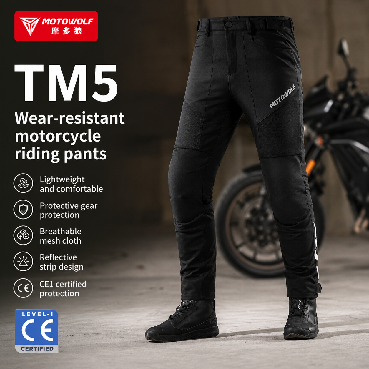 MOTOWOLF TM5 Motorcycle Riding Pants for Men | CE Level 1 Armoured Riding Pants with Knee & Hip Protectors | Breathable Mesh Touring Pants | Black