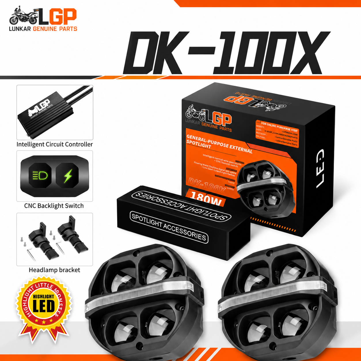 DK100X HIGH POWER SPOTLIGHT | 180W |  Ultra Wide Driving Fog Lights | White/Yellow | with wiring harness and Intelligent wireless button switch | 1 year warranty | LGP