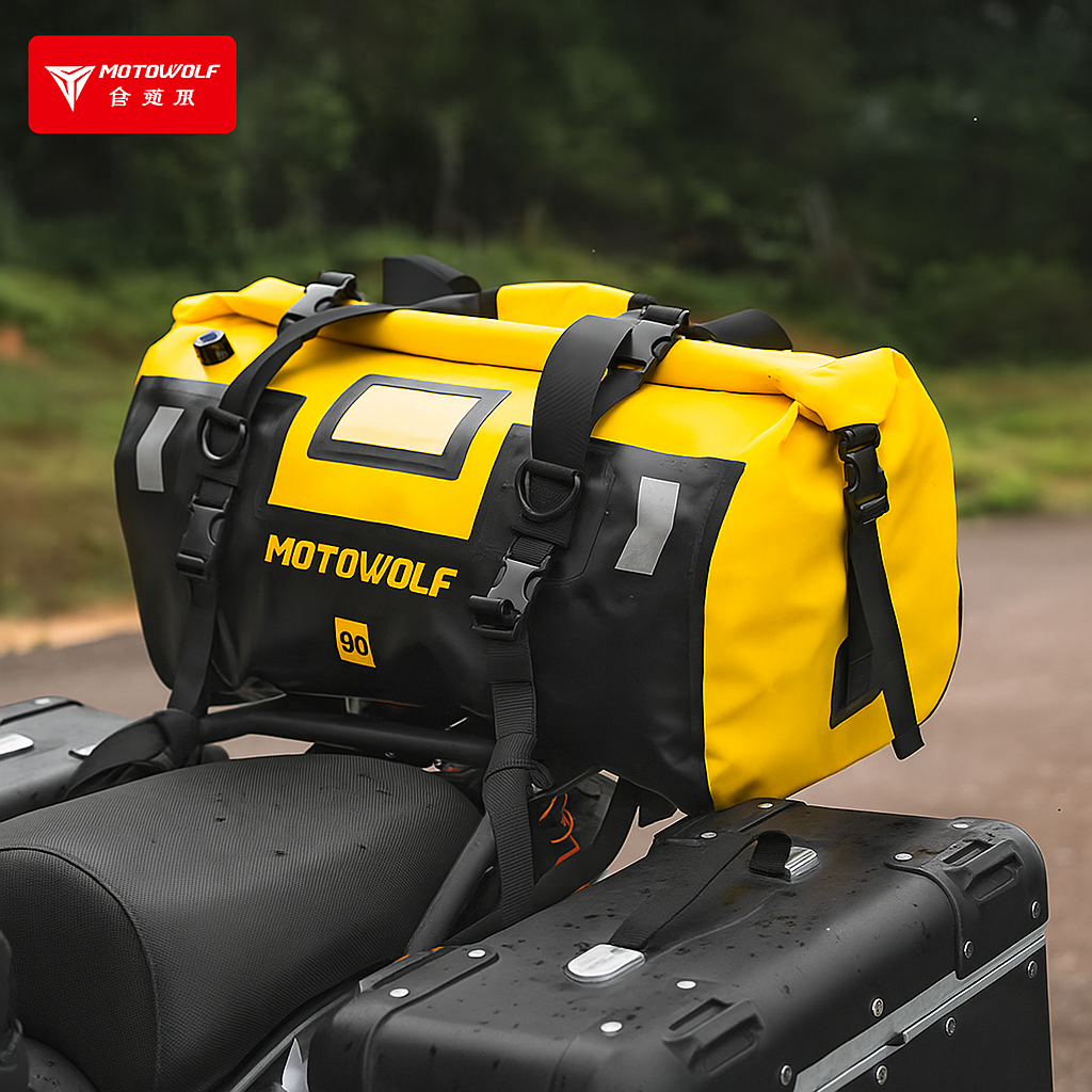 MOTOWOLF | Motorcycle Tail Bag - 90L Waterproof | MDL0717 | Duffel Bag for Touring Adventure, Camping, Cycling - BLACK YELLOW