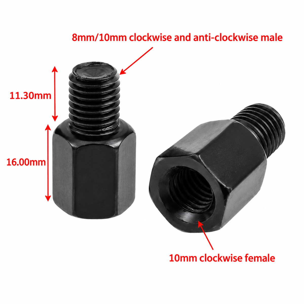 10-8/10mm Motorcycle Rearview Mirror Screw Thread Adapter Conversion Bolt Black ( PACK OF 5 )