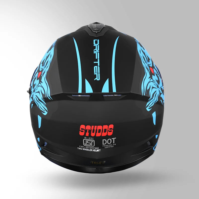 STUDDS DRIFTER D2 LEOPARD DECOR MATT BLACK & BLUE FULL FACE HELMET