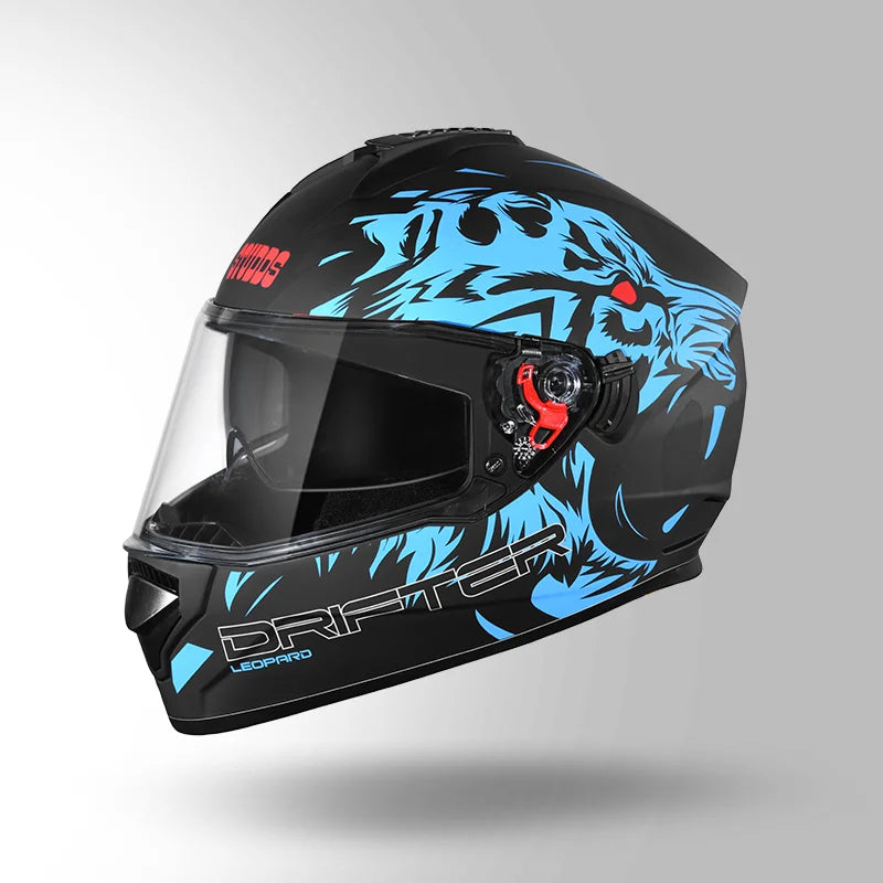 STUDDS DRIFTER D2 LEOPARD DECOR MATT BLACK & BLUE FULL FACE HELMET