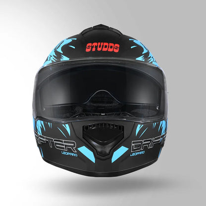 STUDDS DRIFTER D2 LEOPARD DECOR MATT BLACK & BLUE FULL FACE HELMET