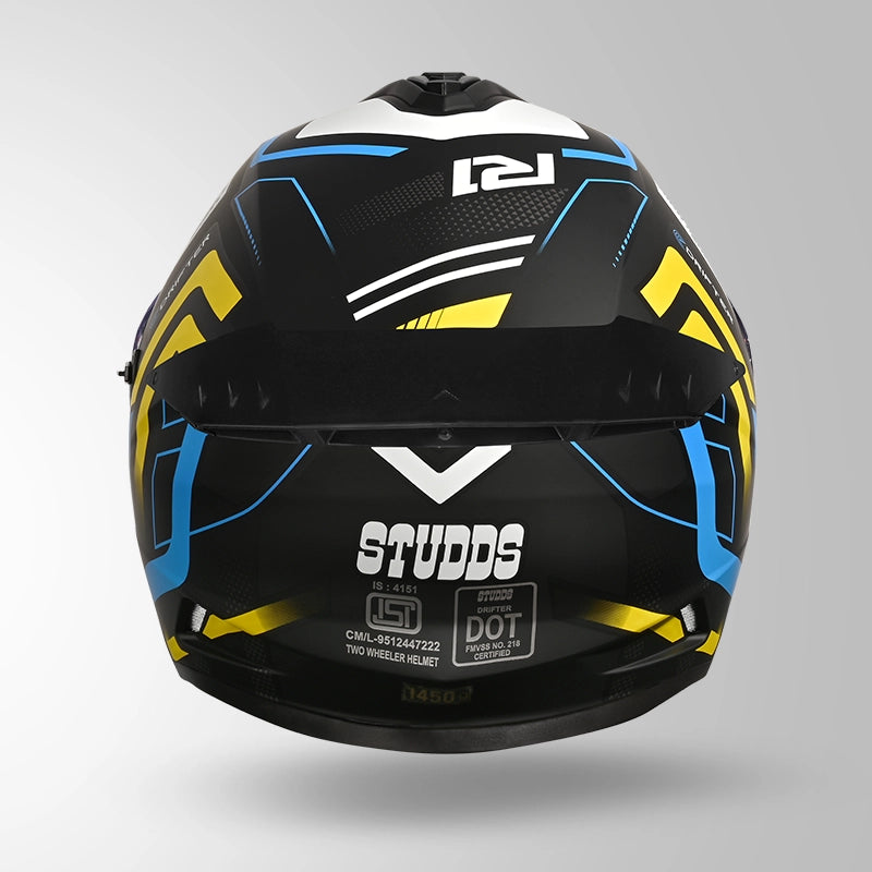 Studds Drifter D4-R1 Isi-Dot Certified Full Face Helmet MATT BLACK / YELLOW & WHITE