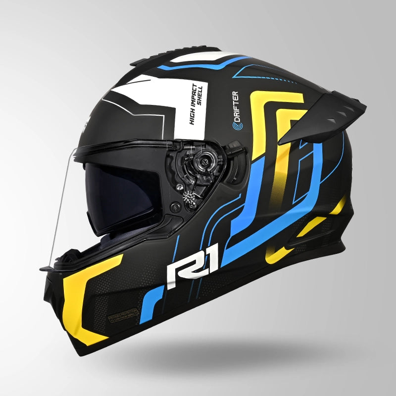 Studds Drifter D4-R1 Isi-Dot Certified Full Face Helmet MATT BLACK / YELLOW & WHITE