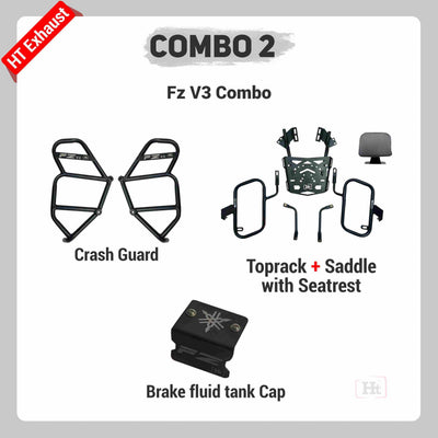 COMBO 2 FZ V3 Crash Guard  + Top Rack + Saddle Stay with seat Rest + Brake Fluid Tank Cap – HT EXHAUST