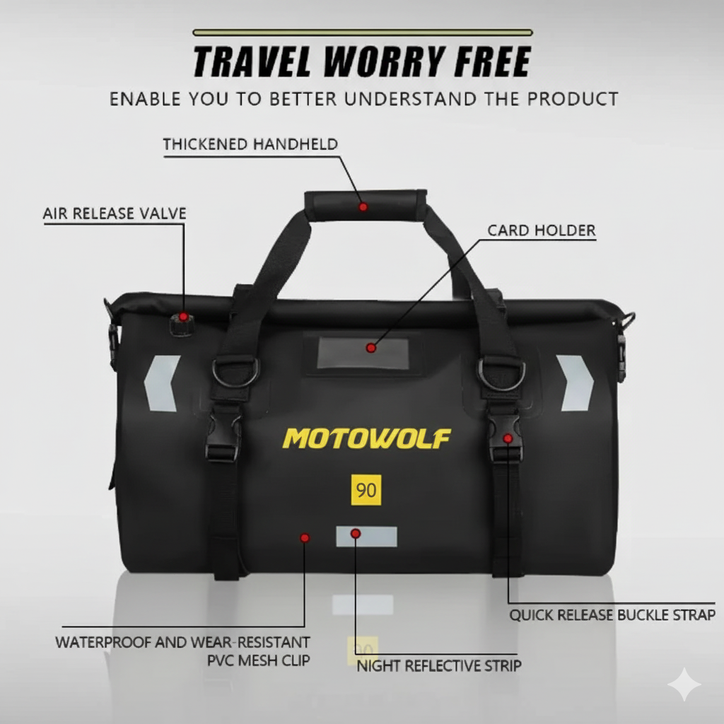 MOTOWOLF | Motorcycle Tail Bag - 90L Waterproof | MDL0717 | Duffel Bag for Touring Adventure, Camping, Cycling - BLACK