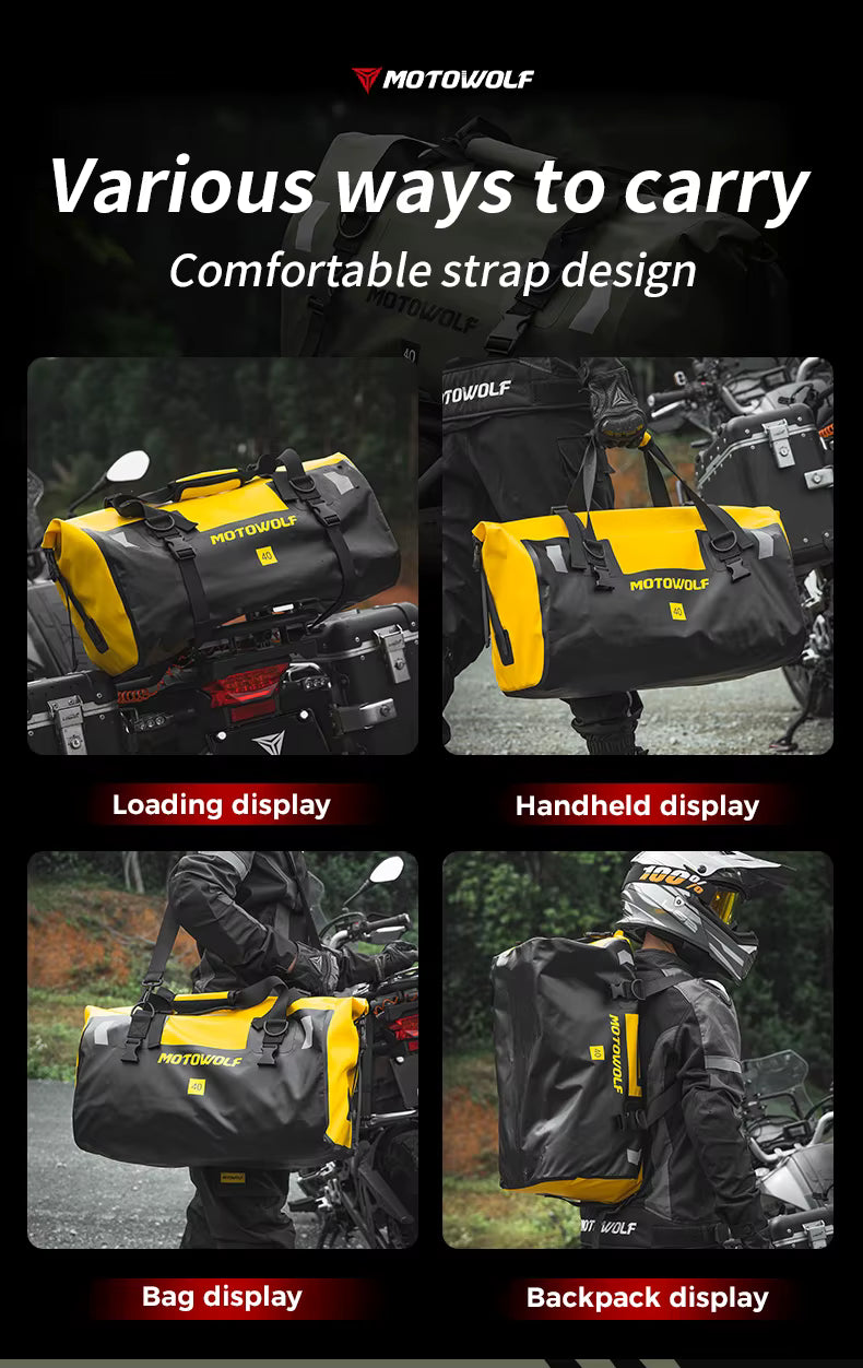 MOTOWOLF | Motorcycle Tail Bag - 66L Waterproof | Duffel Bag for Touring Adventure, Camping, Cycling - BLACK