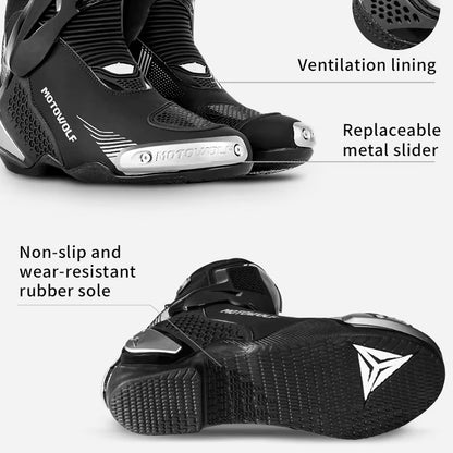 MOTOWOLF BO1 Racing Motorcycle Riding Boots for Unisex | Reinforced Protection, Anti-Slip Sole, All-Weather Riding Boots - BLACK RED
