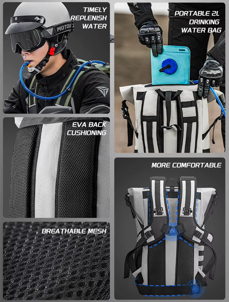 MOTOWOLF MB3 ADV EDITION | 30 litres | Portable nets | Expandable | Waterproof Riding Backpack with Net Bag Hydration Drinking Straw Water Storage Bag - Light green