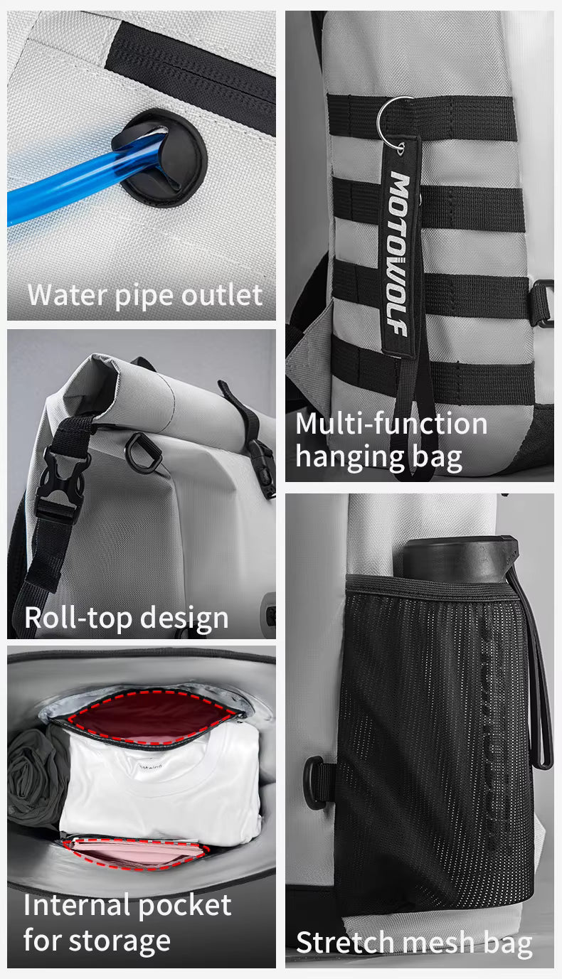 MOTOWOLF MB3 ADV EDITION | 30 litres | Portable nets | Expandable | Waterproof Riding Backpack with Net Bag Hydration Drinking Straw Water Storage Bag - Light green