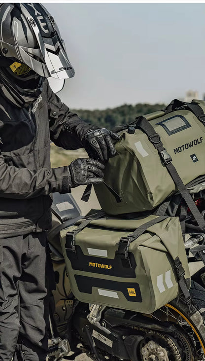 MOTOWOLF HYPERTOUR MDL0720 | 1 Pair | Waterproof Motorcycle Saddle Bags | 30 litres *2 side | Side Bags for Motorbike Travel - Military Green