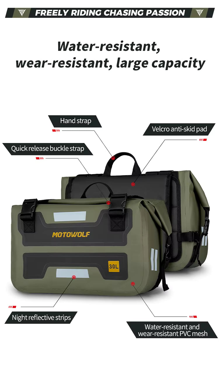 MOTOWOLF HYPERTOUR MDL0720 | 1 Pair | Waterproof Motorcycle Saddle Bags | 30 litres *2 side | Side Bags for Motorbike Travel - Military Green