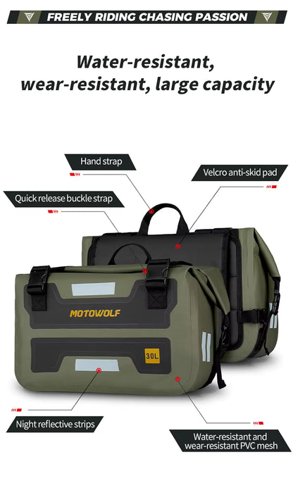 MOTOWOLF HYPERTOUR MDL0720 | 1 Pair | Waterproof Motorcycle Saddle Bags | 30 litres *2 side | Side Bags for Motorbike Travel - Military Green