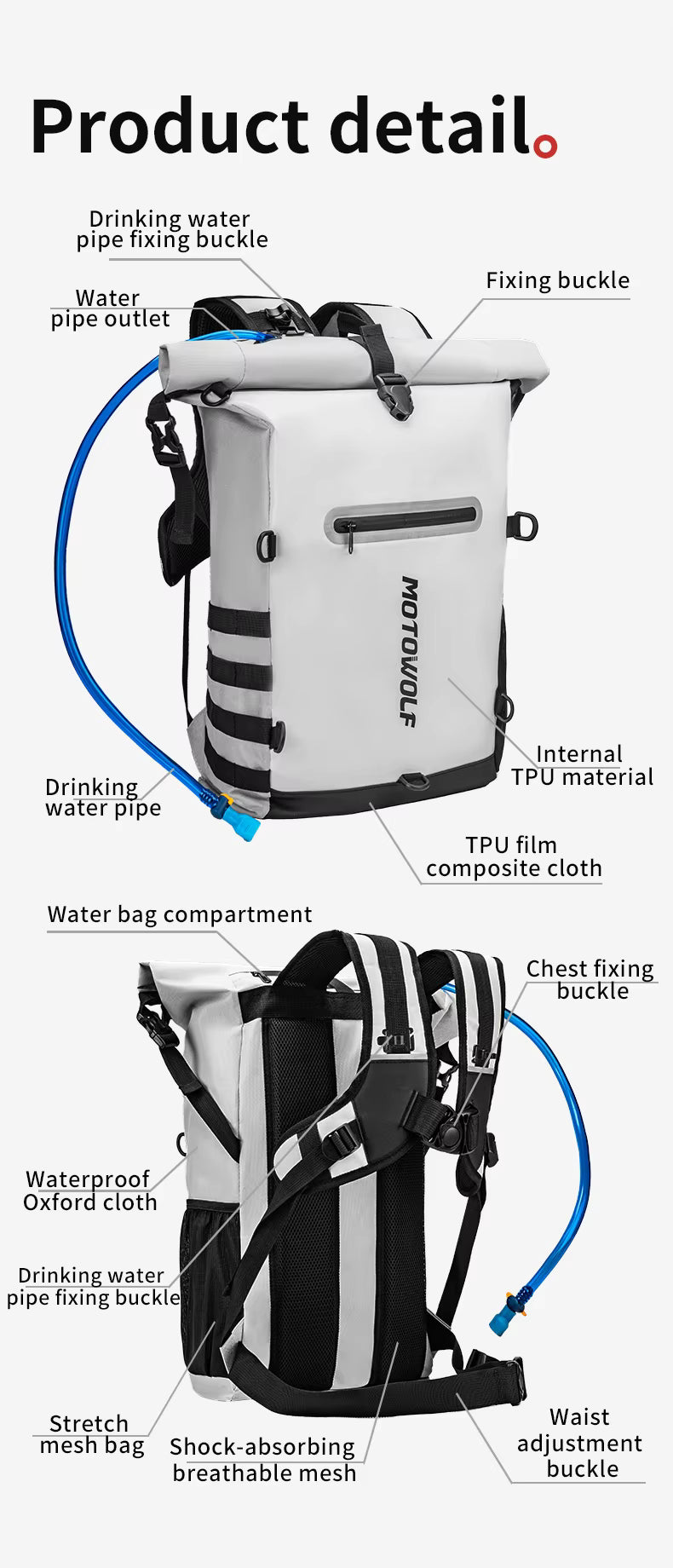 MOTOWOLF MB3 ADV EDITION | 30 litres | Portable nets | Expandable | Waterproof Riding Backpack with Net Bag Hydration Drinking Straw Water Storage Bag - Light green