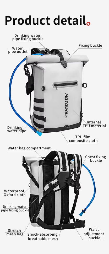 MOTOWOLF MB3 ADV EDITION | 30 litres | Portable nets | Expandable | Waterproof Riding Backpack with Net Bag Hydration Drinking Straw Water Storage Bag - Light green