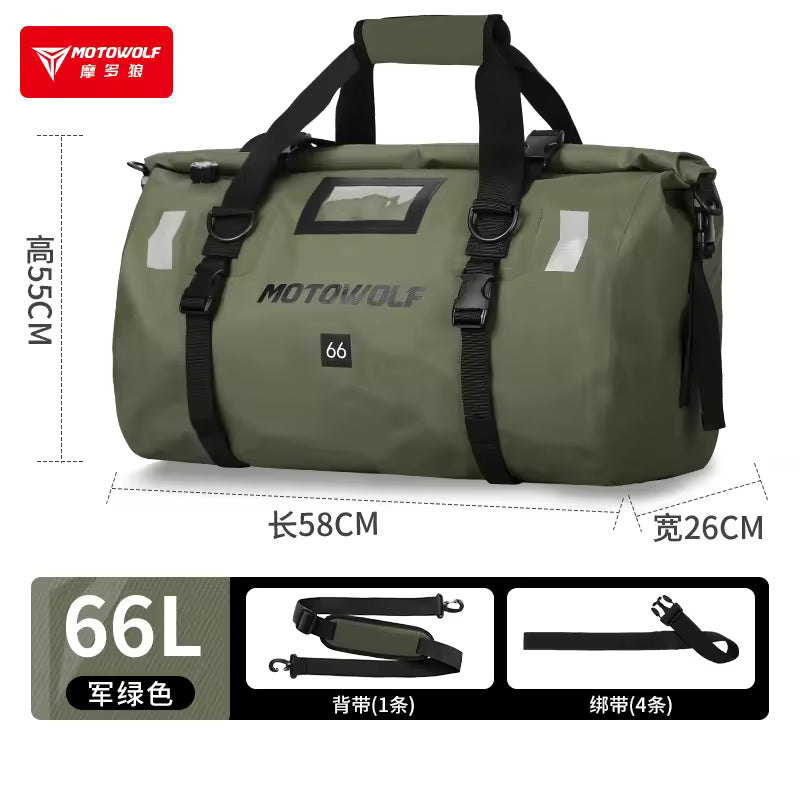 MOTOWOLF | Motorcycle Tail Bag - 66L Waterproof | MDL0717 | Duffel Bag for Touring Adventure, Camping, Cycling - MILITARY GREEN