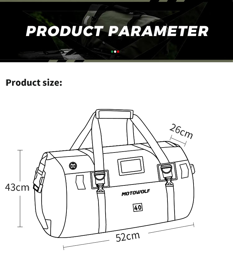MOTOWOLF | Motorcycle Tail Bag - 40L Waterproof | Duffel Bag for Touring Adventure, Camping, Cycling - Green