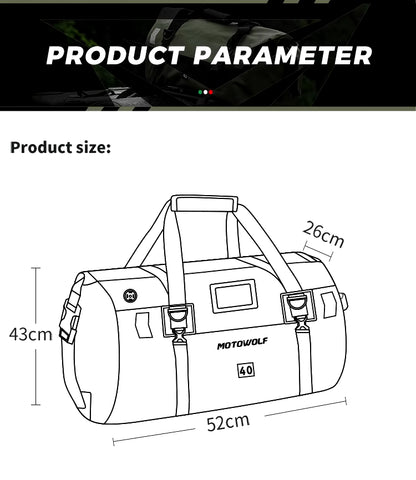 MOTOWOLF | Motorcycle Tail Bag - 40L Waterproof | Duffel Bag for Touring Adventure, Camping, Cycling - Green