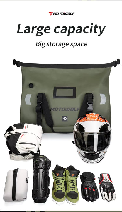 MOTOWOLF | Motorcycle Tail Bag - 40L Waterproof | Duffel Bag for Touring Adventure, Camping, Cycling - Green