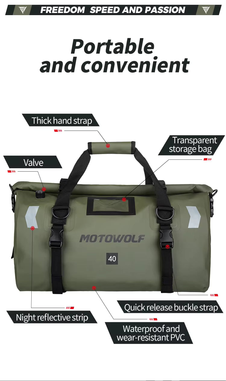MOTOWOLF | Motorcycle Tail Bag - 40L Waterproof | Duffel Bag for Touring Adventure, Camping, Cycling - Green