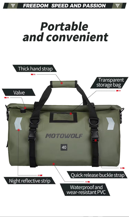 MOTOWOLF | Motorcycle Tail Bag - 40L Waterproof | Duffel Bag for Touring Adventure, Camping, Cycling - Green