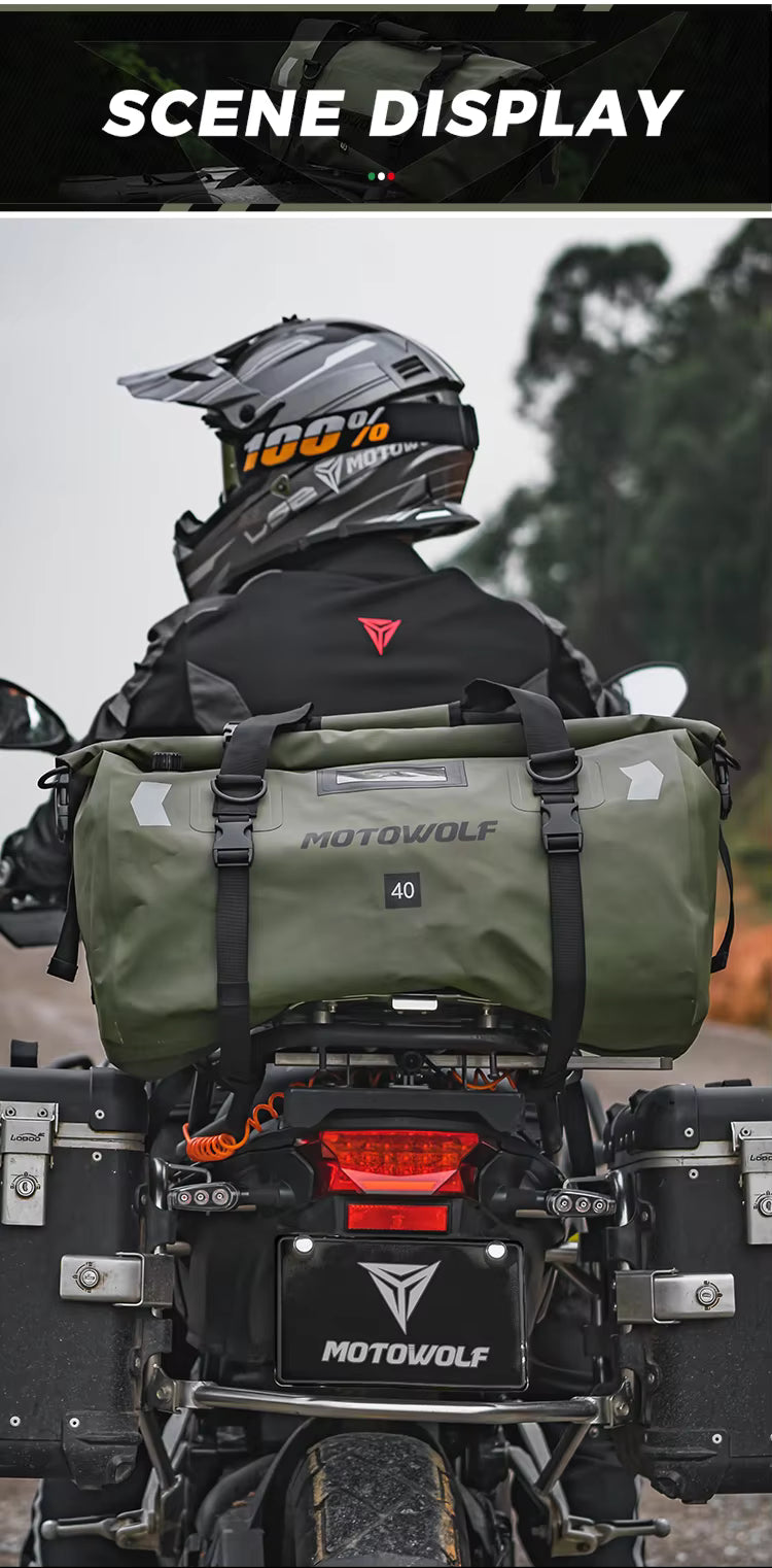 MOTOWOLF | Motorcycle Tail Bag - 40L Waterproof | Duffel Bag for Touring Adventure, Camping, Cycling - Green