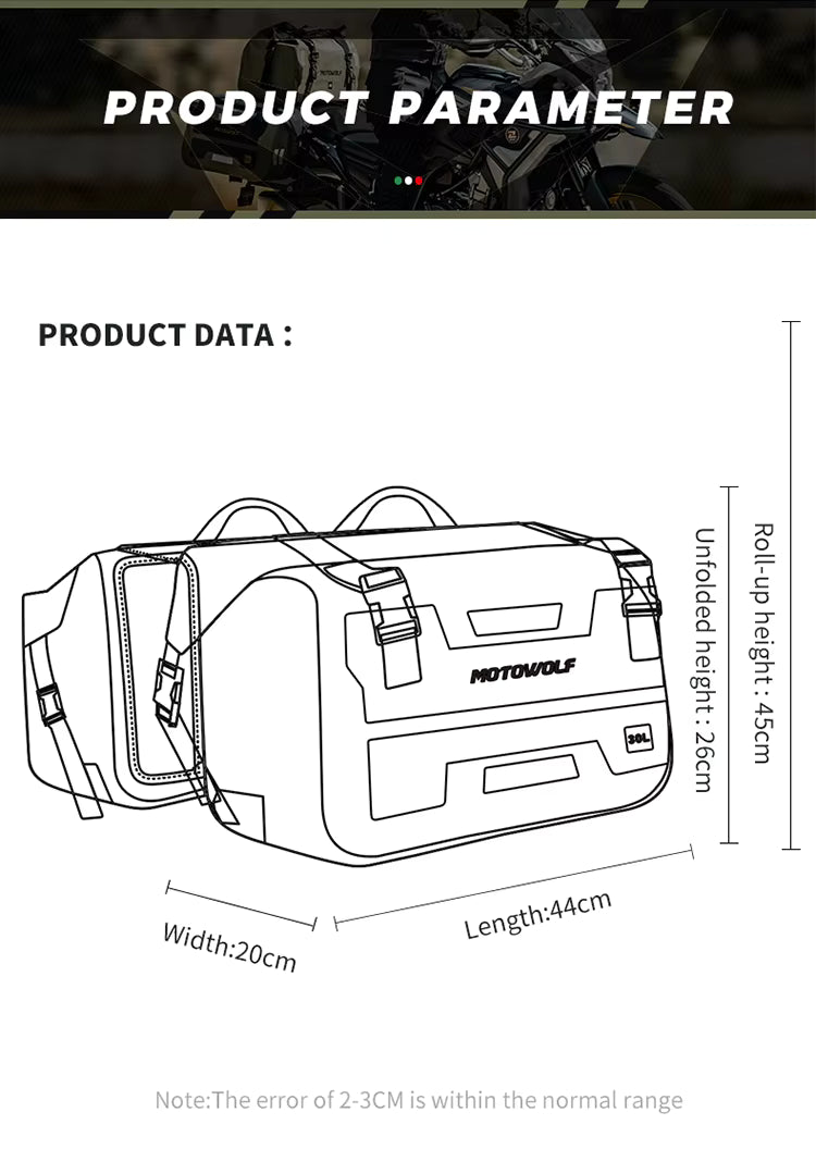 MOTOWOLF HYPERTOUR MDL0720 | 1 Pair | Waterproof Motorcycle Saddle Bags | 30 litres *2 side | Side Bags for Motorbike Travel - Military Green