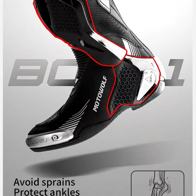 MOTOWOLF BO1 Racing Motorcycle Riding Boots for Unisex | Reinforced Protection, Anti-Slip Sole, All-Weather Riding Boots - BLACK RED