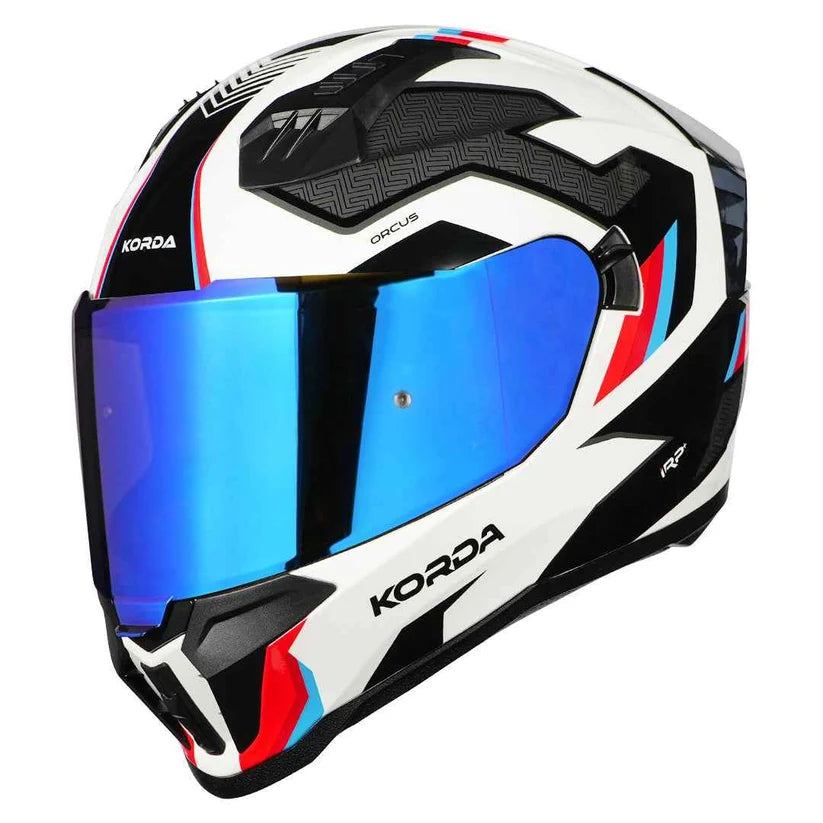 HELMET KORDA EVO ORCUS GLOSS WHITE BLUE RED M W/P FULL FACE HELMET ISI CERTIFIED