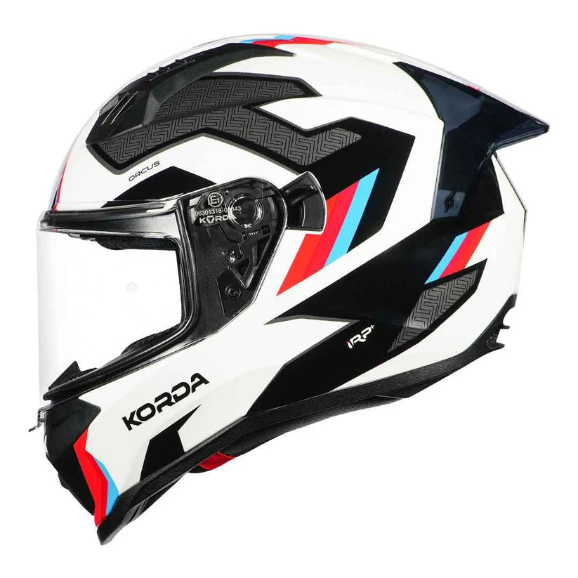 HELMET KORDA EVO ORCUS GLOSS WHITE BLUE RED M W/P FULL FACE HELMET ISI CERTIFIED